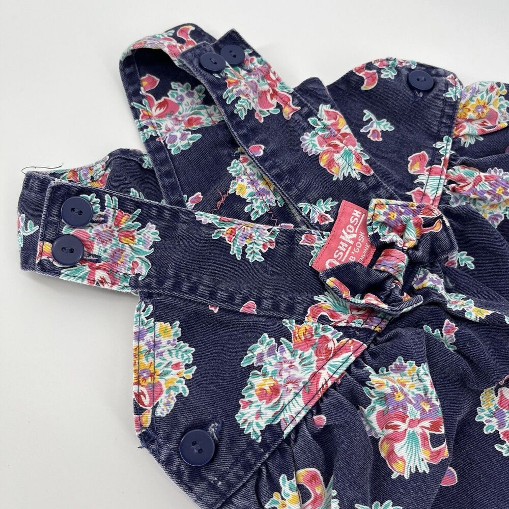 VTG OshKosh B’gosh Baby Girls 12M Floral Denim Overalls Blue Vestbak Made USA